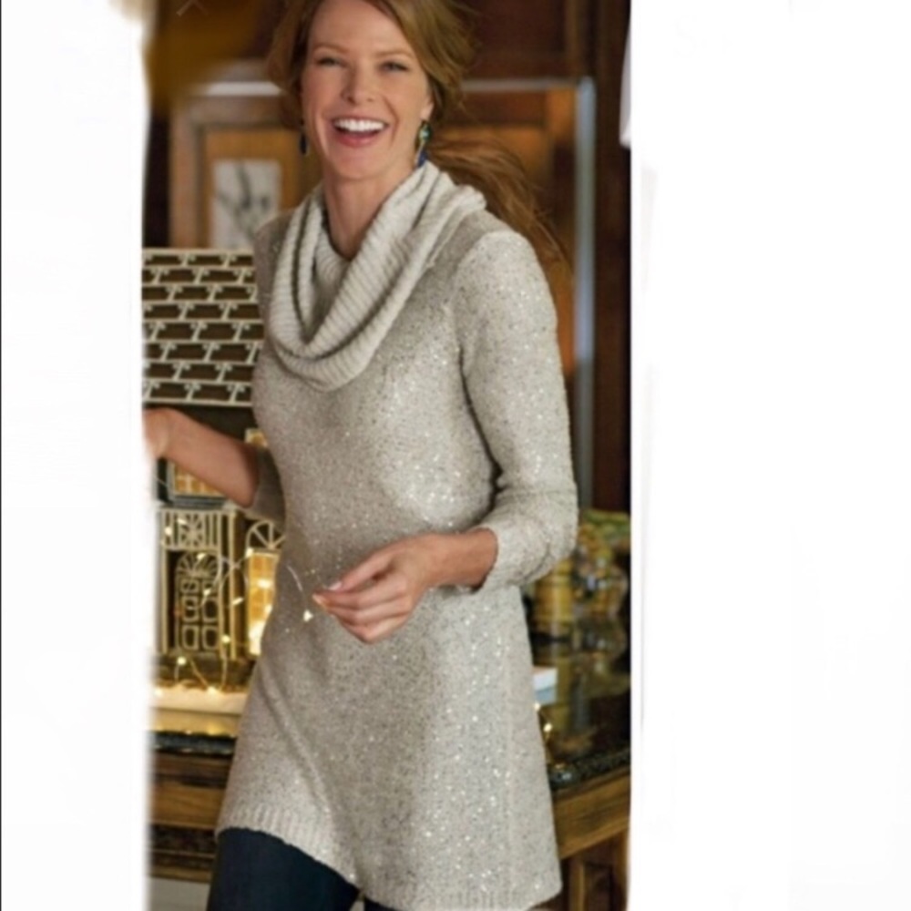 SOFT SURROUNDINGS Cowl Neck Sequin Tunic Sweater L Holiday Party New Years